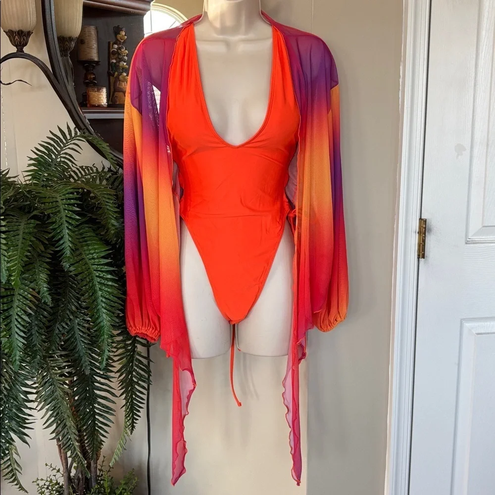 NWOT Orange Plunge One Piece Tie Back Swimsuit w/ Long Sleeve Ombre Mesh CoverUp